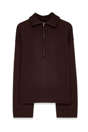 Brown High Neck Zipped Knitted Sweater
