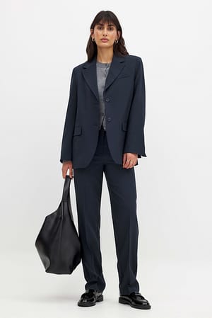 Navy High Waist Straight Leg Melange Suit Pants