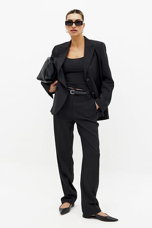 Black High Waist Straight Leg Melange Suit Pants