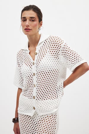 White Hole Knitted Buttoned Short Sleeve Sweater