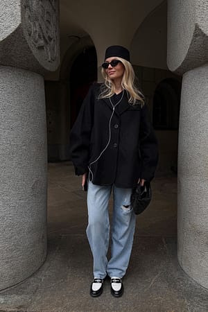 Black Oversized Wool Blend Sleeve Detail Short Coat