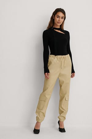 Beige Lower Pockets PU Pants