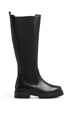 Black Bottes hauteur genou en cuir élastiqué