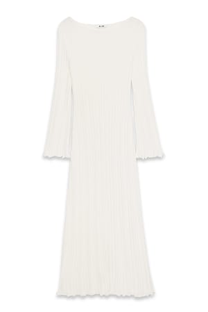 Offwhite Strick-Maxikleid mit Rüschen und Rundhalsausschnitt