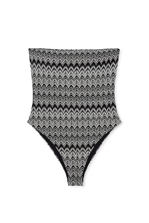 Black/White Print Strick-Bandeau-Badeanzug