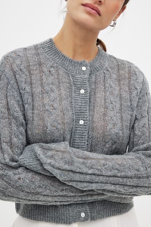 Light Grey Melange Cardigan en maille torsadée