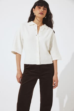 Offwhite Strikket cardigan med krage