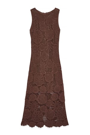 Brown Knitted Crochet Midi Dress