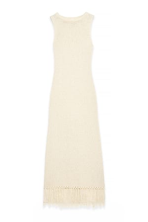 White Knitted Fringe Midi Dress