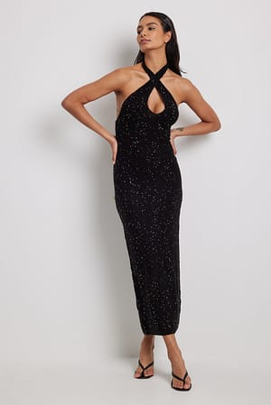 Black Gestricktes Neckholder-Maxikleid