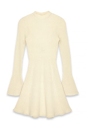 Beige Knitted High Neck Flowy Mini Dress