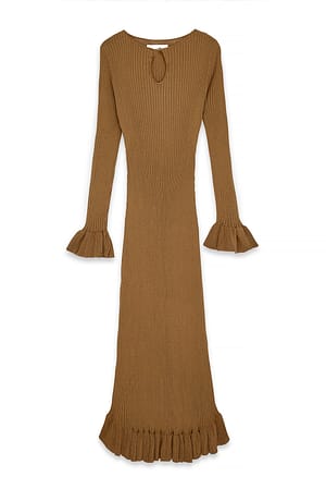 Camel Strick-Midikleid mit Schlüssellochausschnitt und Rüschen