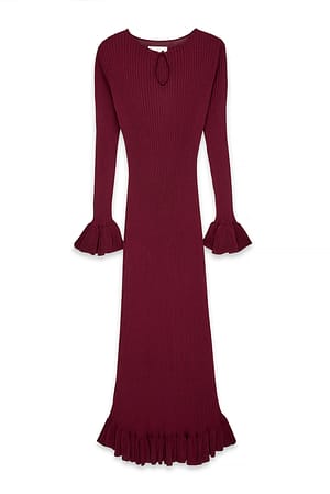 Burgundy Strick-Midikleid mit Schlüssellochausschnitt und Rüschen