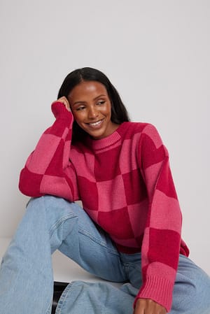 Pink/Red Knitted Mock Neck Checkered Sweater