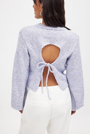 Light Blue Knitted Open Back Balloon Sleeve Sweater