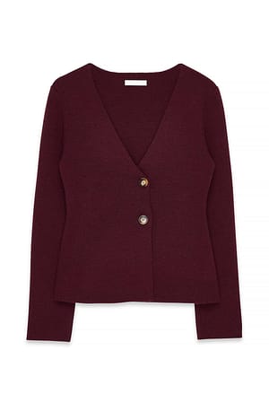 Burgundy Knitted Overlapping Fitted Cardigan