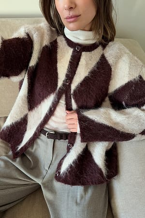 Burgundy/Pink Checks Oversized rutete strikket cardigan
