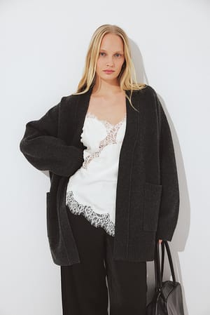 Dark Grey Melange Strikket cardigan med lomme