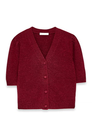 Burgundy Knitted Puff Sleeve Wool Blend Cardigan