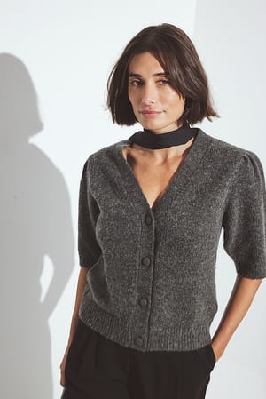 Grey Cardigan en maille de laine mélangée à manches bouffantes