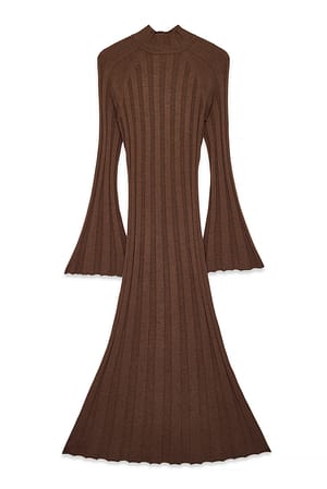 Brown Knitted Ribbed Turtleneck Maxi Dress