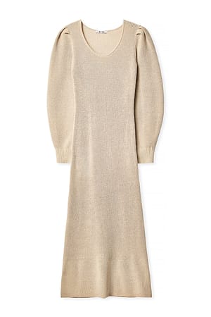 Beige Knitted Scoop Neck Puff Sleeve Dress
