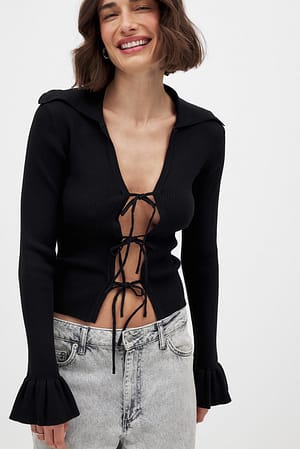 Black Knitted Tie Detail Ribbed Top
