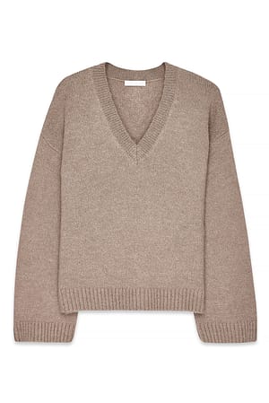 Beige Melange Knitted V-Neck Wool Blend Sweater