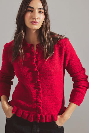 Red Strick-Cardigan aus Wolle-Mix mit Volant