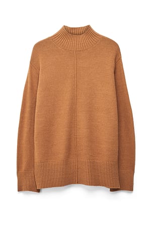 Camel Knitted Wool Blend Seam Detail Sweater
