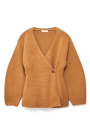 Camel Knitted Wool Blend Wrap Cardigan