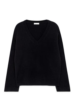 Black Oversized stickad tröja i ull med V-ringning