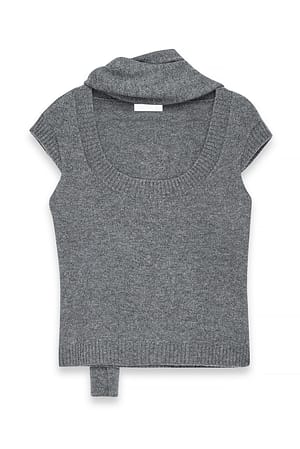 Dark Grey Knitted Wool Scarf Detail Top