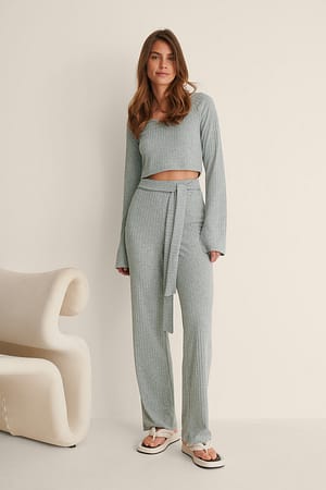 Grey Melange Knot Detail Rib Pants