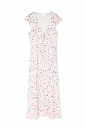 Flower Print Midikjole med blonder og flæseærmer