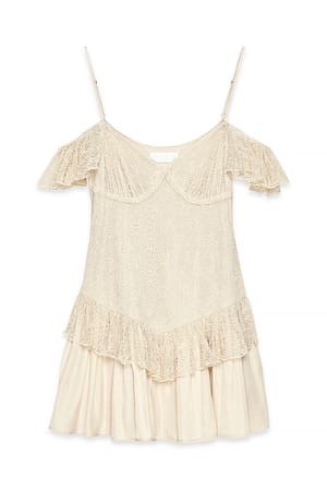 Beige Minikjole med blonde og off-shoulder