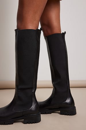 Black Lederprofil Schaft-Stiefel