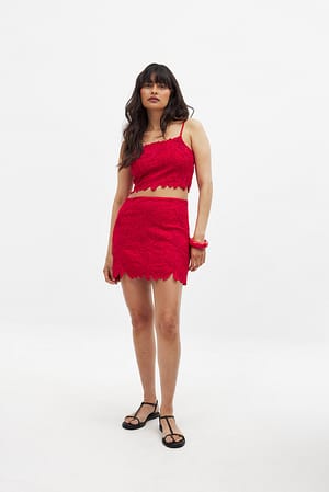 Red Minifalda de mezcla de lino con detalle bordado inglés