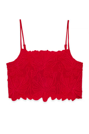 Red Linen Blend Anglaise Detail Top