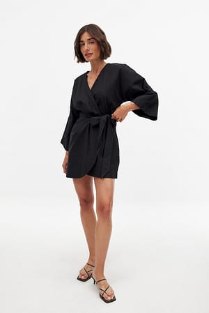 Black Linen Blend Kaftan Wrap Mini Dress