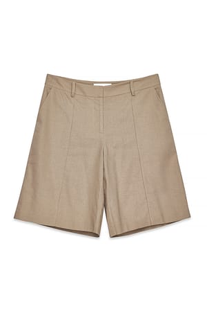 Beige Linen Blend Mid Waist Shorts