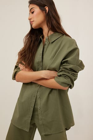 Khaki Green Chemise en lin mélangé oversize