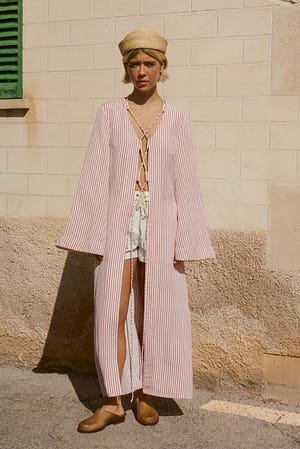 Red/White Stripe Caftan rayé en lin mélangé