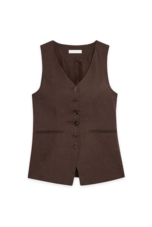 Brown Linen Blend V Neck Vest