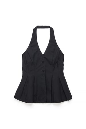 Black Linen Lyocell Blend Halterneck Vest Top
