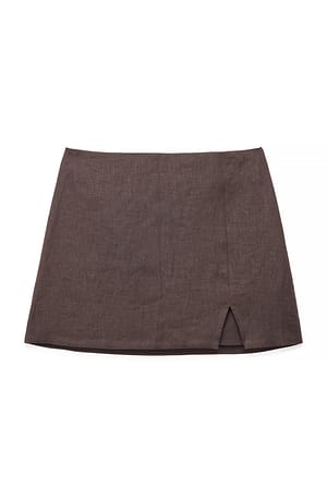 Brown Linen Side Slit Mini Skirt
