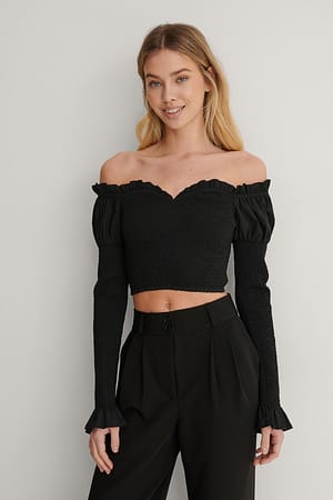 Black Smocked Off Shoulder Top