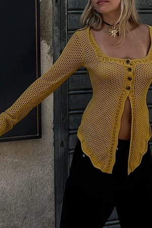 Mustard Långärmad virkad cardigan