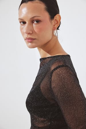 Black Glitzer Mesh-Oberteil mit langen Ärmeln