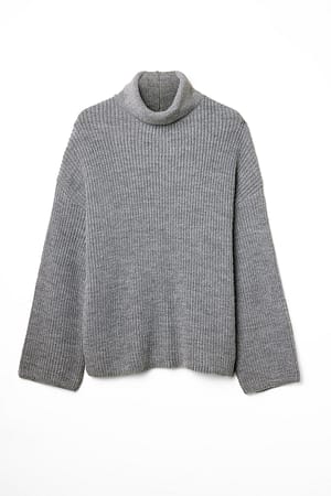 Grey Long Turtle Neck Knitted Sweater